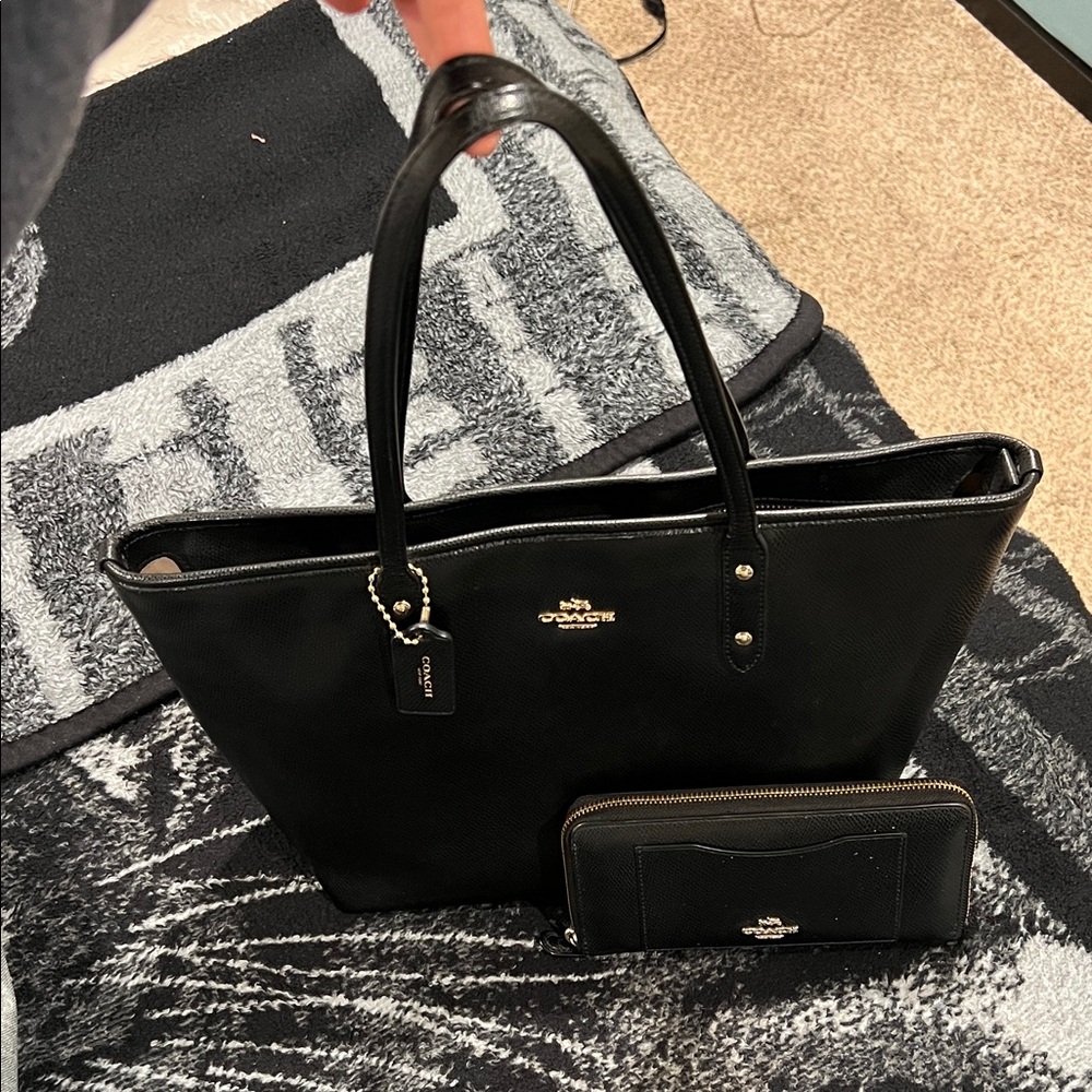 Coach Black Leather Tote and Wallet Set